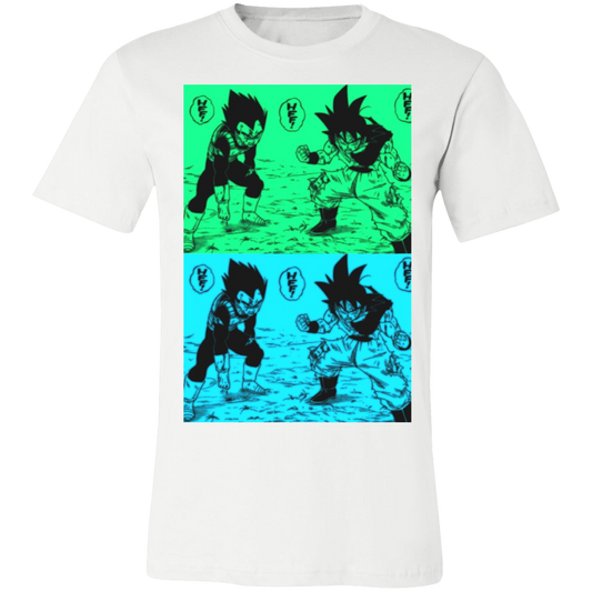 goku and vegeta graphic tee in white, the top of the design is green and the bottom  is blue