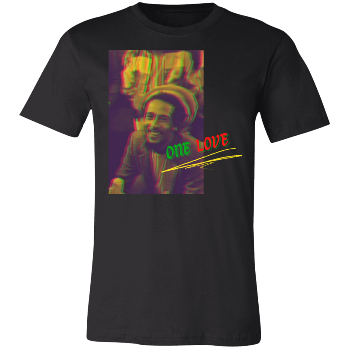 bob marley graphic tee in black, it reads "one love"