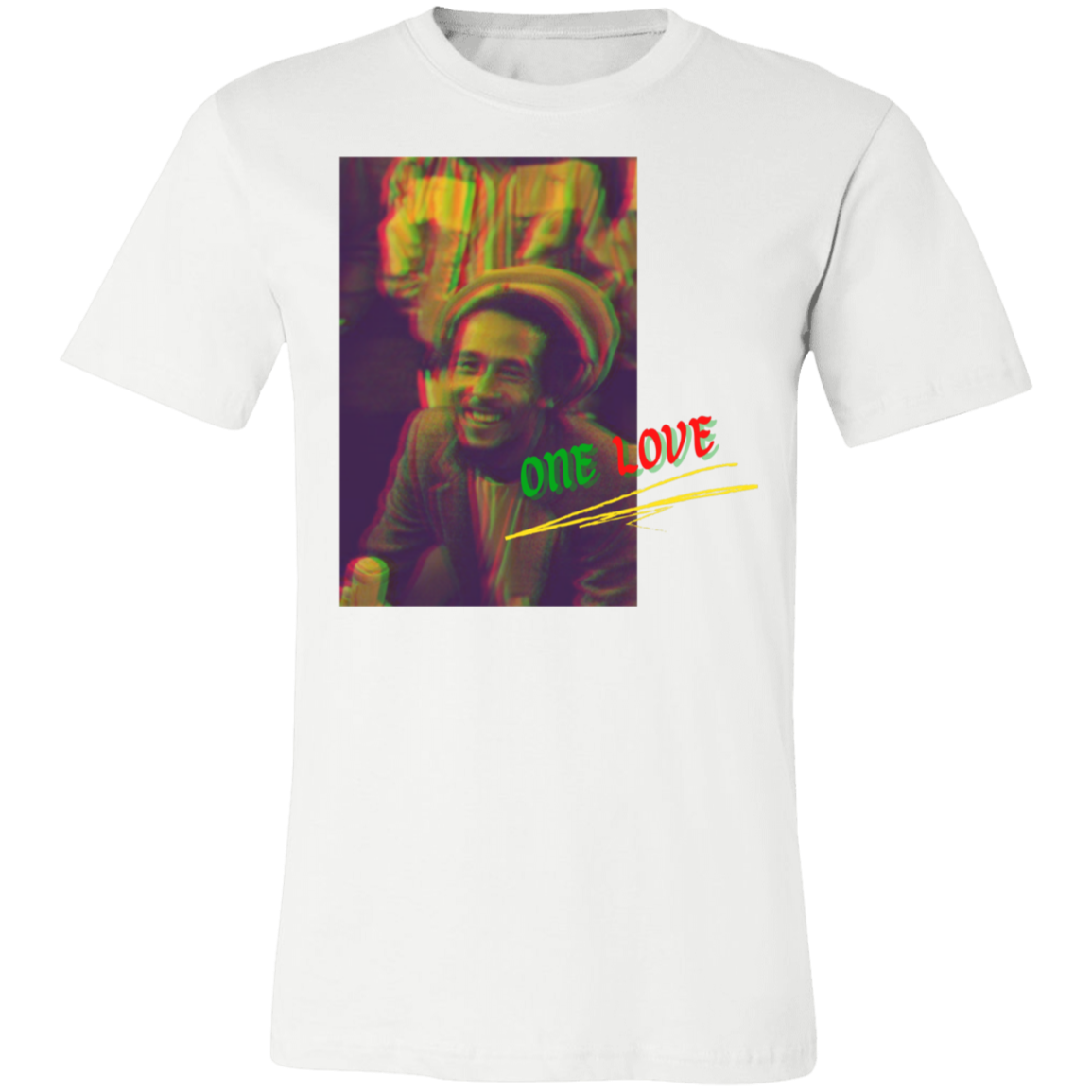 bob marley graphic tee in white, it reads "one love"