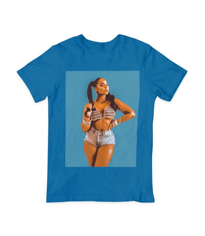 ashanti graphic tee in deep blue/teal, the background for the design is a lighter baby blue color