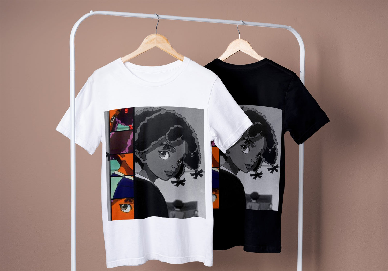  graphic tee of canary from hunter x hunter, one in white on the left and one in black on the right