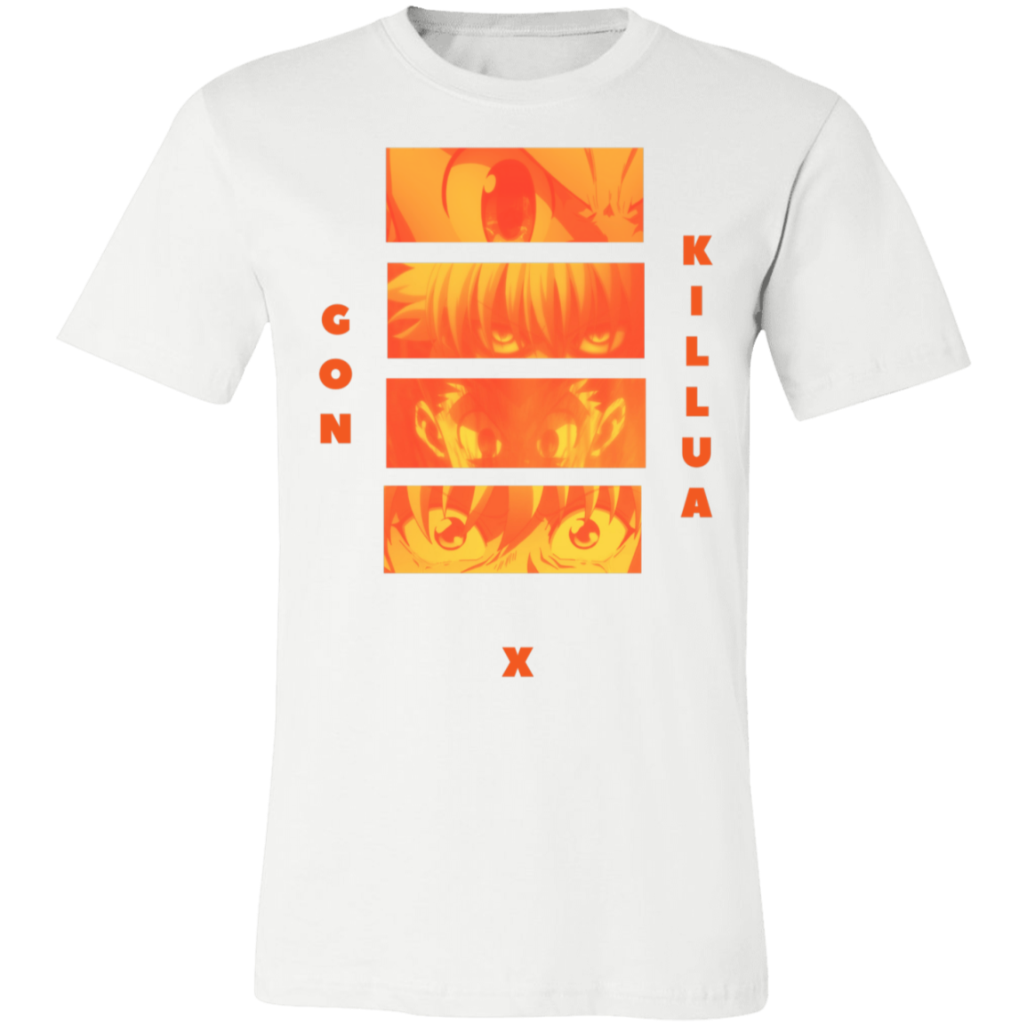 hunter x hunter tee in white, the left side reads "gon", the bottom reads "x", and the right side reads "killua" the lettering and design is orange