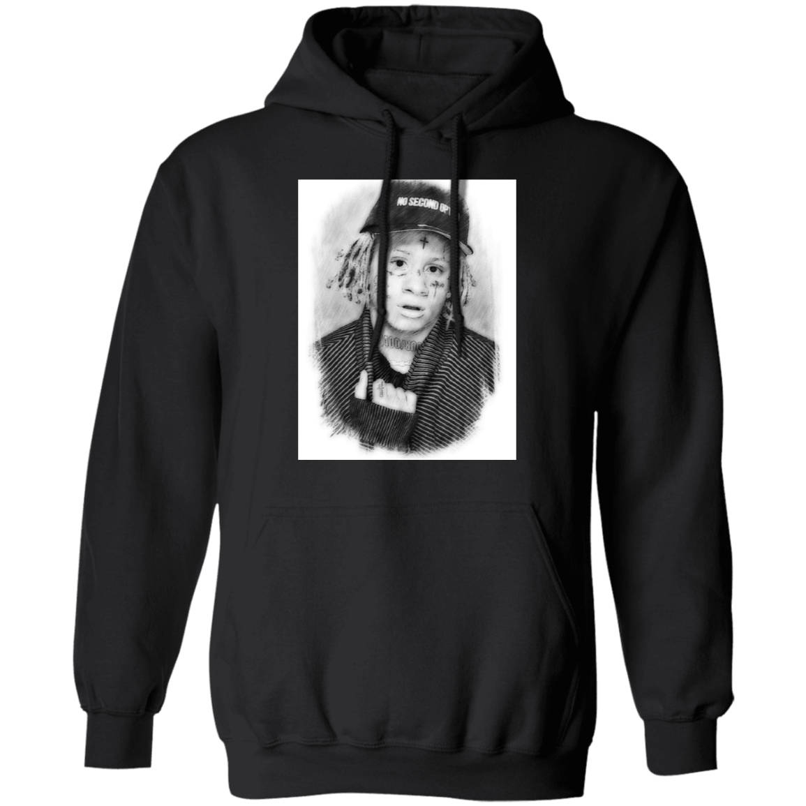 trippie redd is on the front of a black hoodie