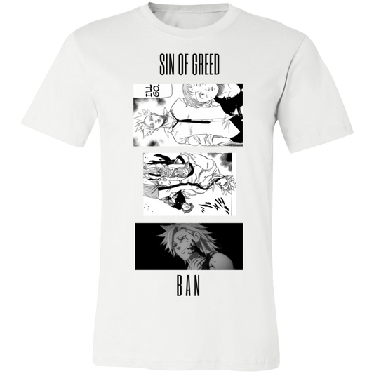 the graphic tee is white, has black and white pictures of ban from the seven deadly sins, and reads "sin of greed" at the top and "ban" at the bottom