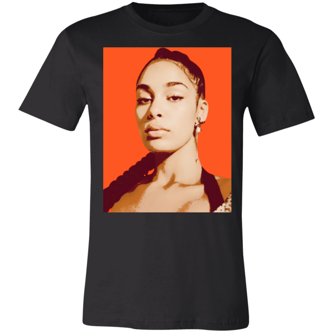 alicia key graphic tee in black, the design has an orange background