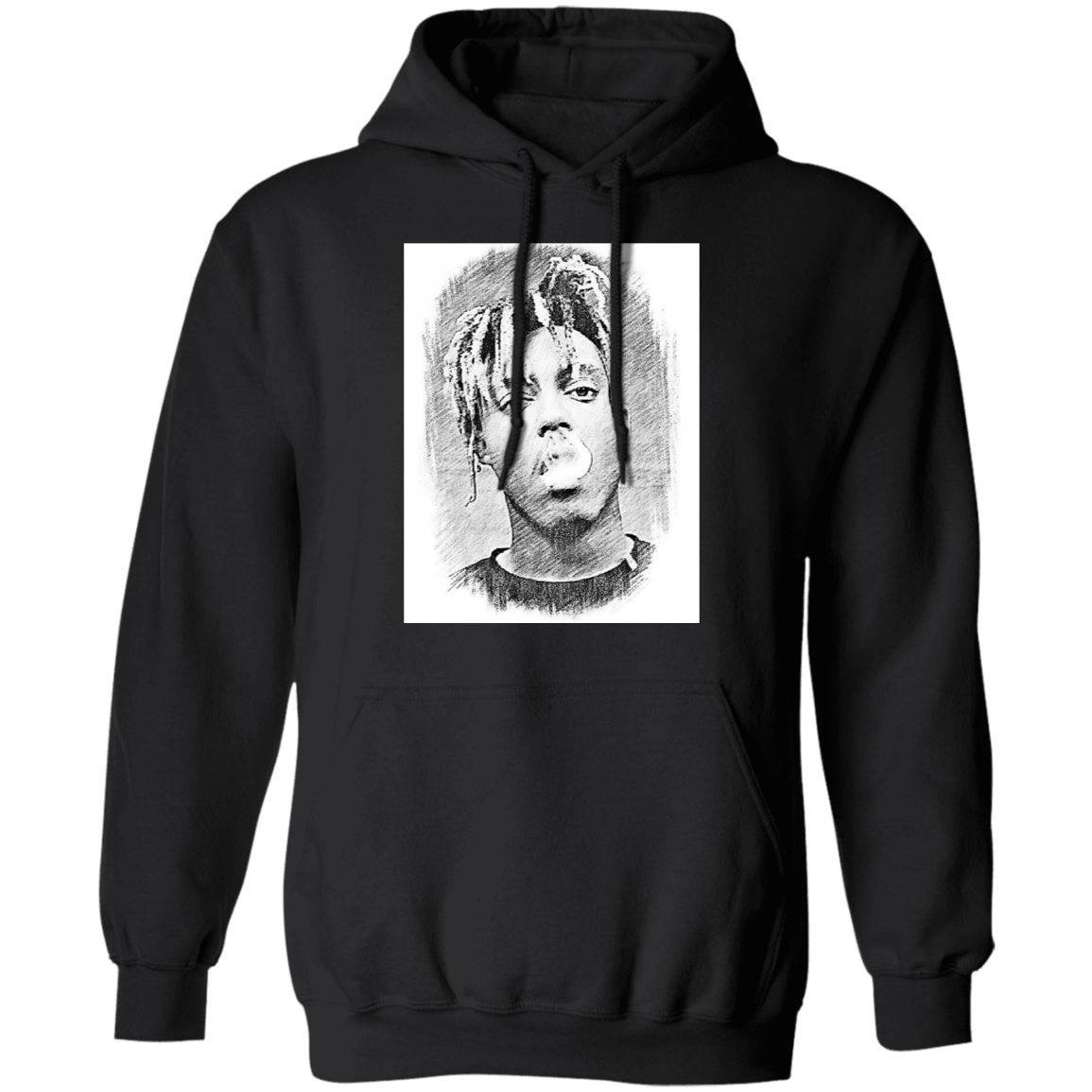 (front) juice wrld is shown smoking on the front of a black hoodie