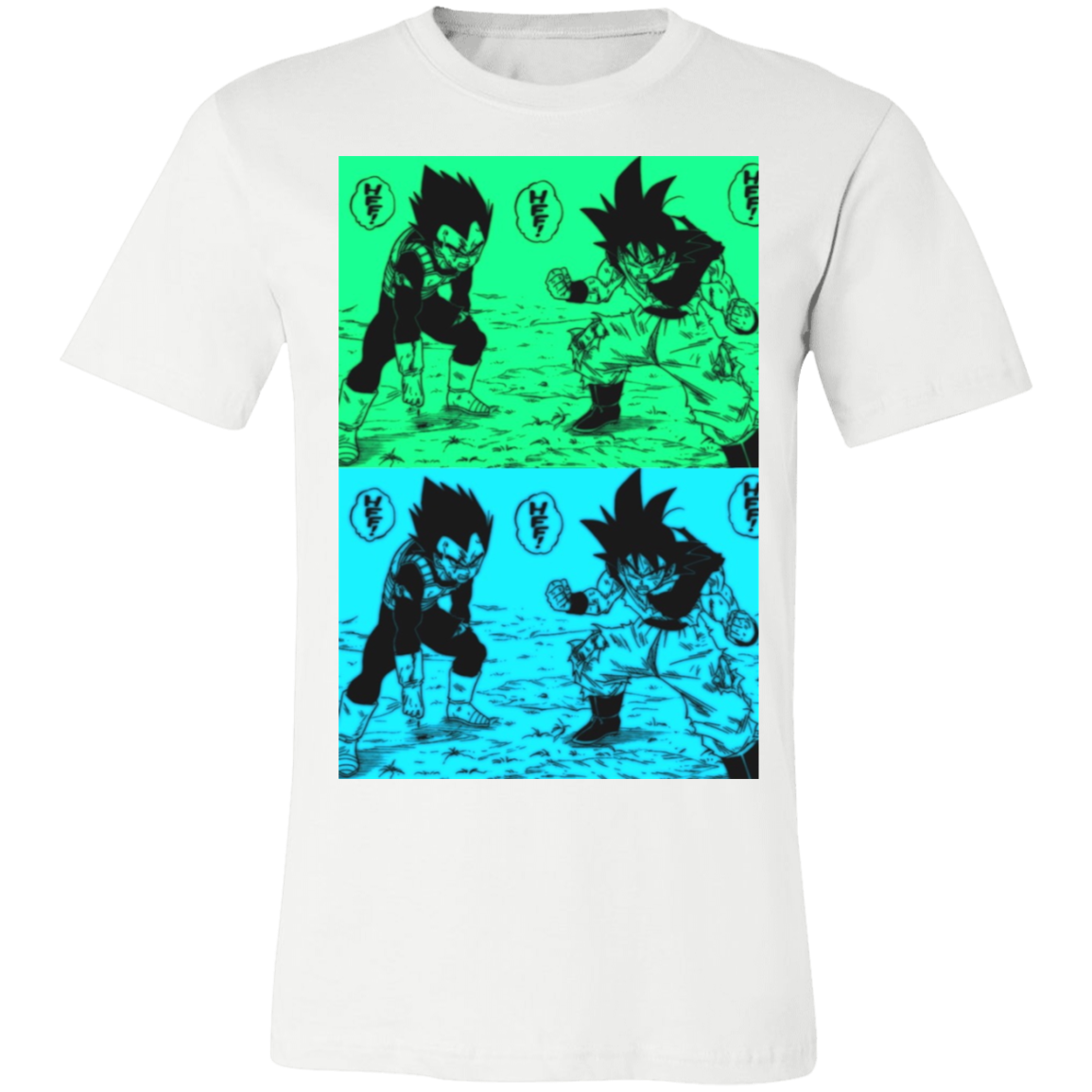 goku and vegeta graphic tee in white, the top of the design is green and the bottom  is blue