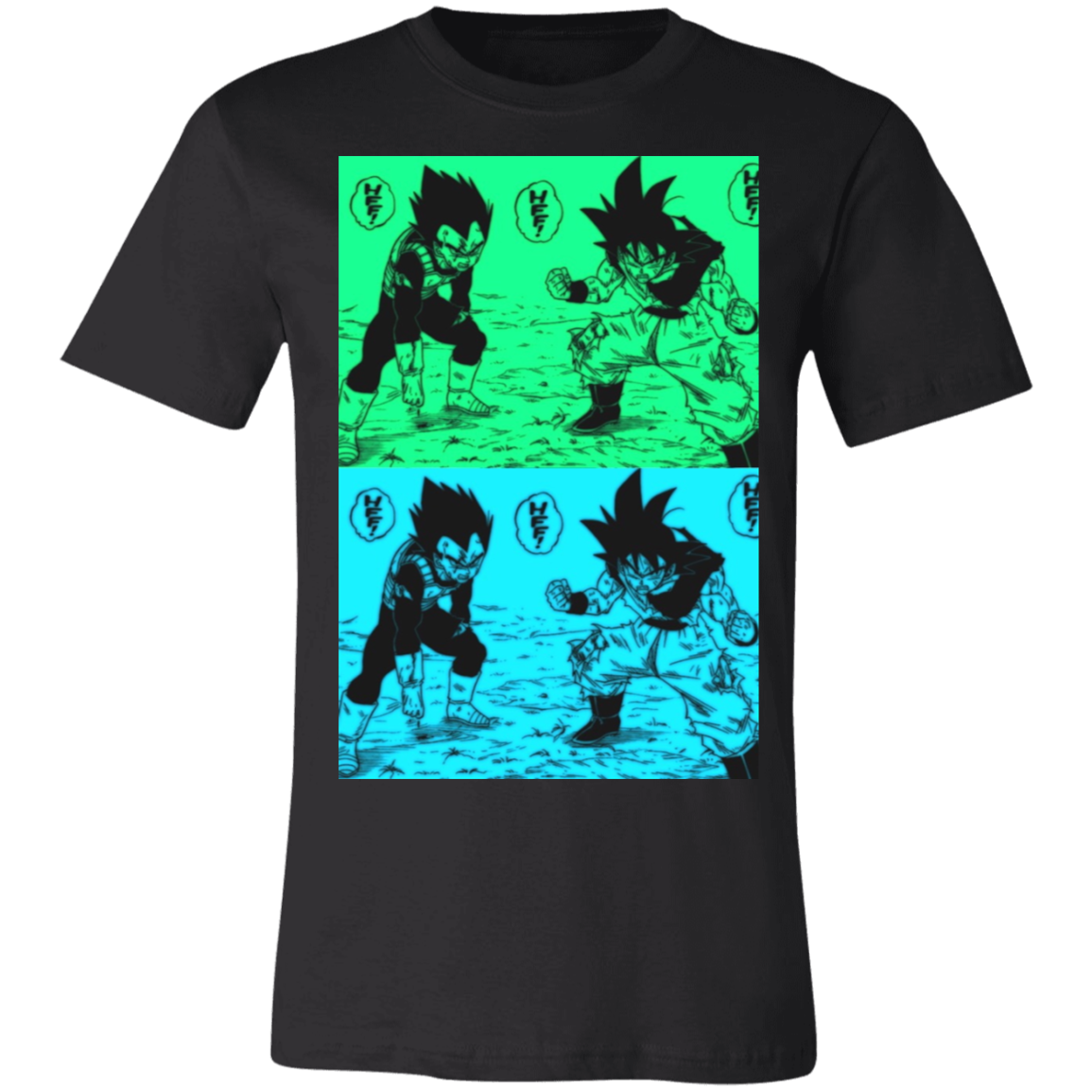 goku and vegeta graphic tee in black, the top of the design is green and the bottom is blue
