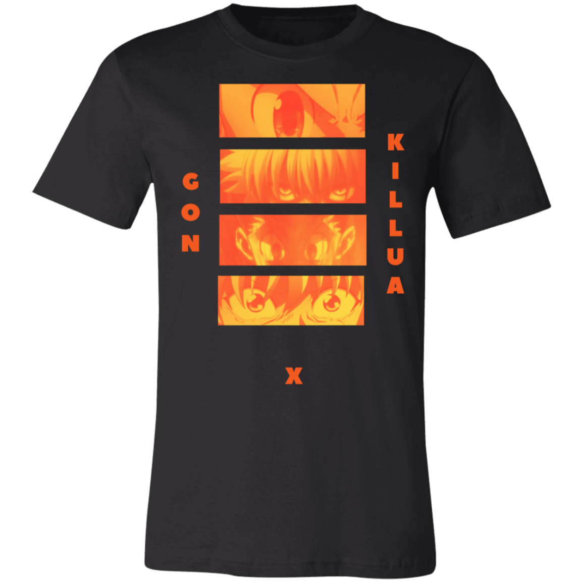 hunter x hunter tee in black, the left side reads "gon", the bottom reads "x", and the right side reads "killua" the lettering and design is orange
