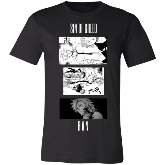 the graphic tee is black, has black and white pictures of ban from the seven deadly sins, and reads "sin of greed" at the top and "ban" at the bottom
