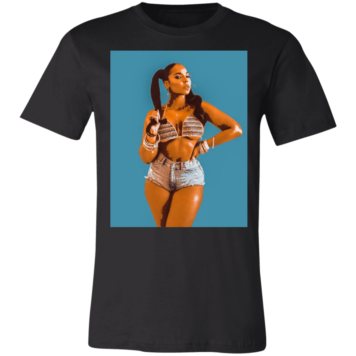 ashanti graphic tee in black, the background for the design is a lighter baby blue color