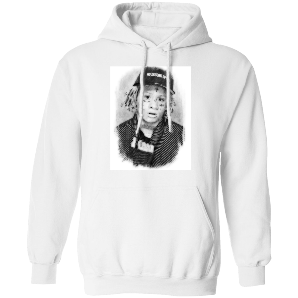 tripped redd is on the front of a white hoodie