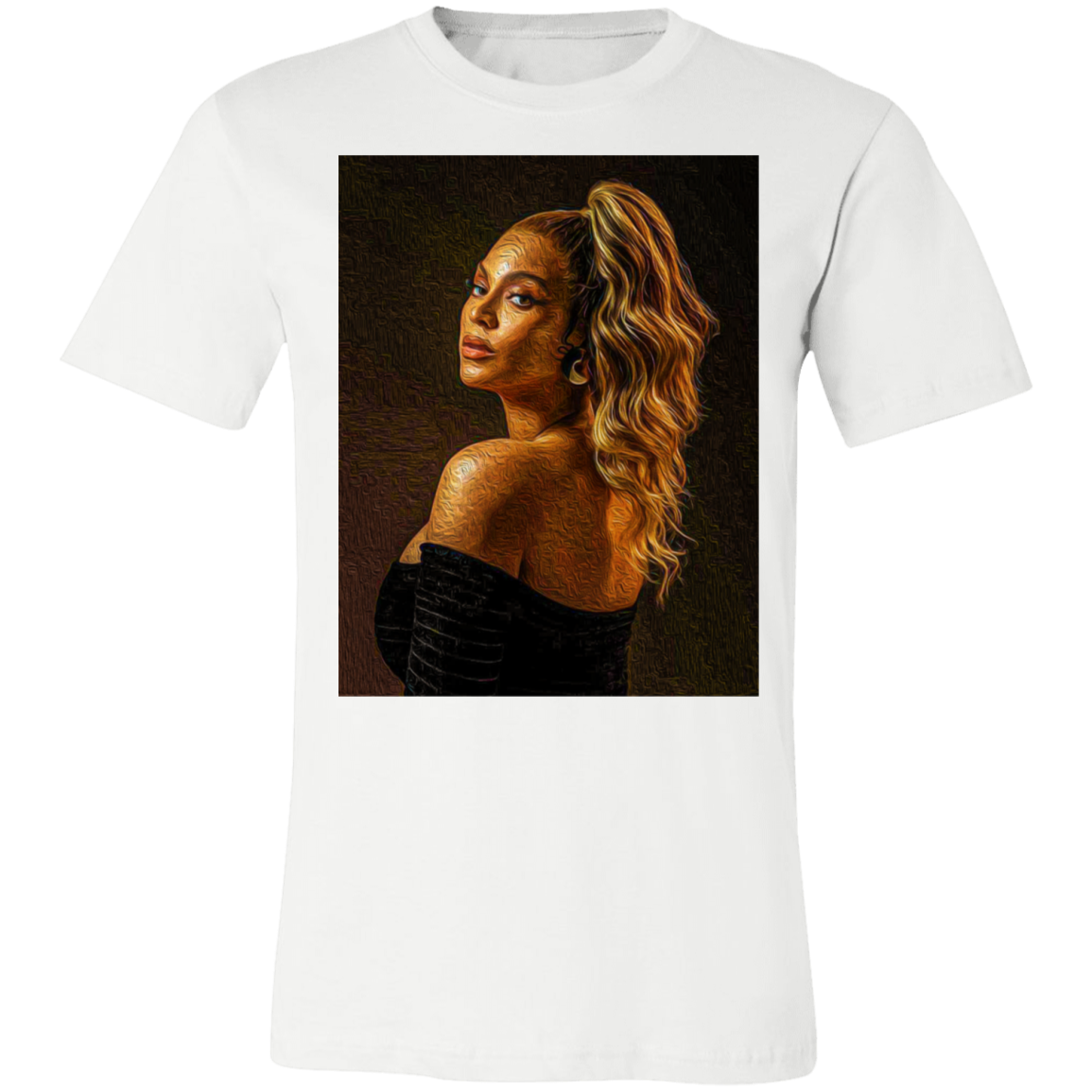 beyoncé graphic tee in white, the tee has a dark brown background