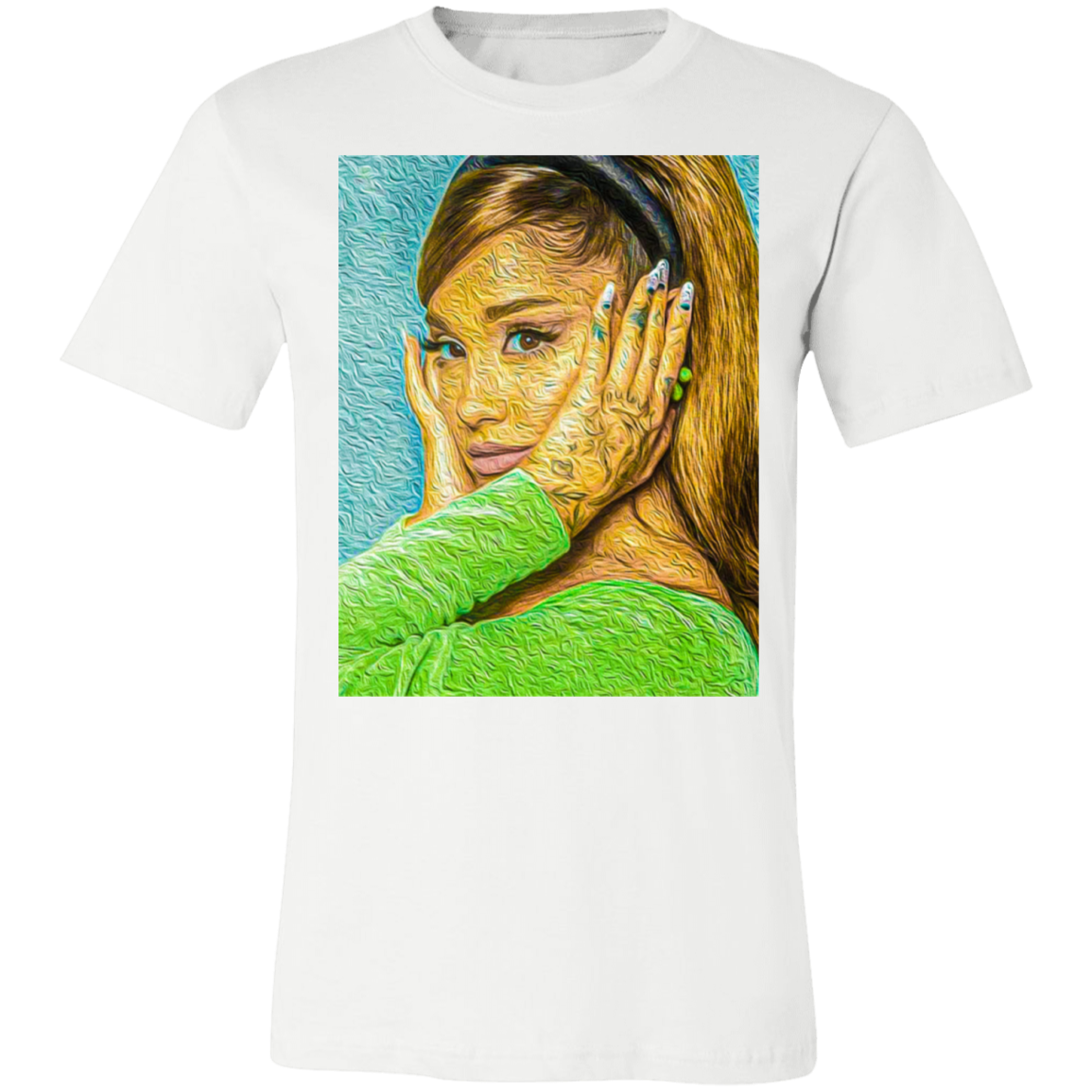 ariana grande graphic tee in white, design has blue background and she's wearing a green top