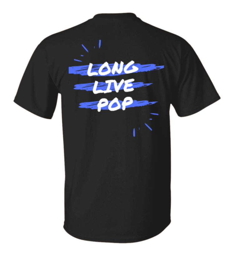 the back of the graphic tee reads "long live pop"