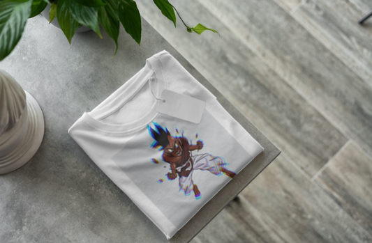 a folded white uub dbz graphic tee is laid out on a flat surface