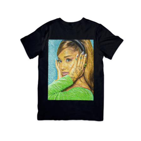 ariana grande graphic tee in black, design has blue background and she's wearing a green top