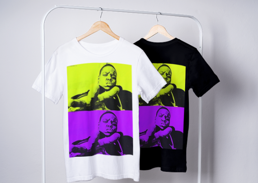 notorious big graphic tees, the left tee is white and the right tee is black