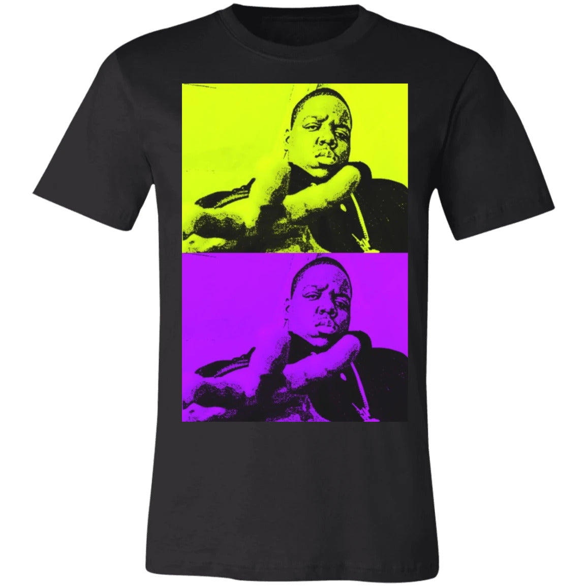 notorious big graphic tee in black, the top of the design is yellow and the bottom is purple