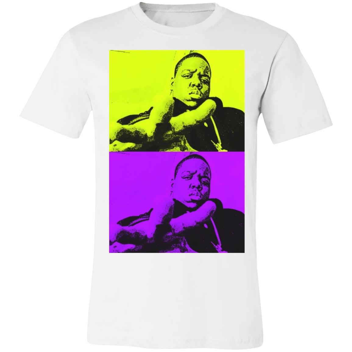 notorious big graphic tee in white, the top of the design is yellow  and the bottom is purple