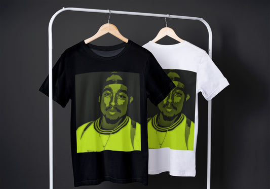 black tupac graphic tee is on the left, white tupac graphic tee is on the right